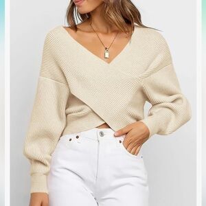 BTFBM Women Casual Long Sleeve Cross Wrap Sweater - Ivory, Large